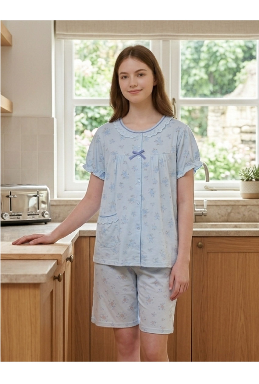 水漾小花 柔軟舒眠棉質 睡衣睡褲成套組(藍)