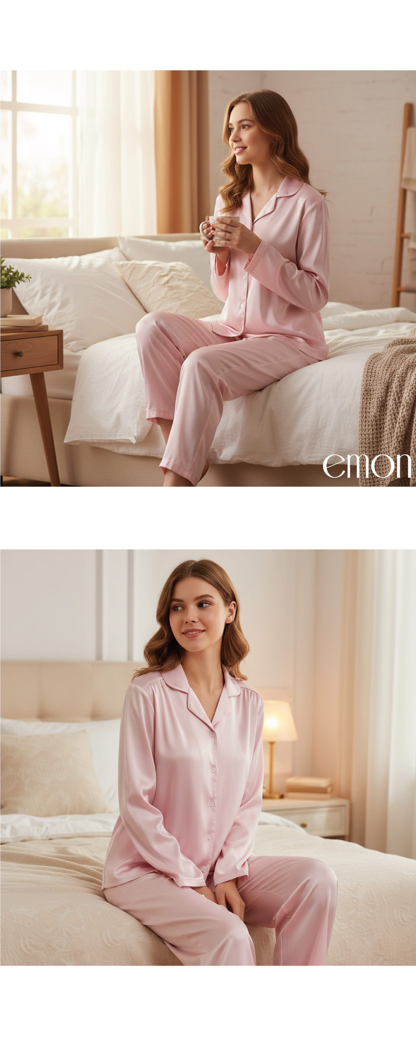 MIT台灣製 簡約 光澤絲柔緞面 睡衣睡褲成套組(粉)