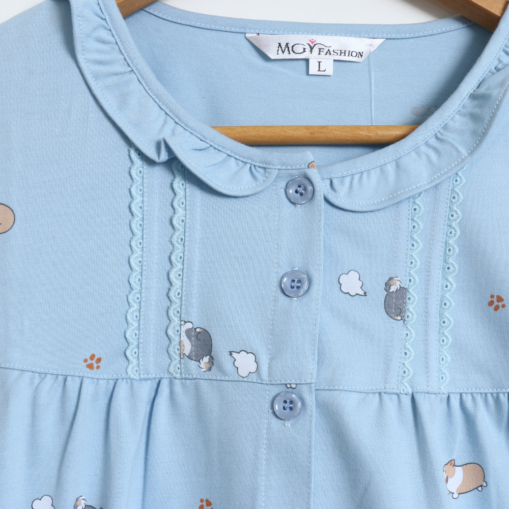 軟萌柯基 柔軟舒眠棉質 睡衣睡褲成套組(藍色)