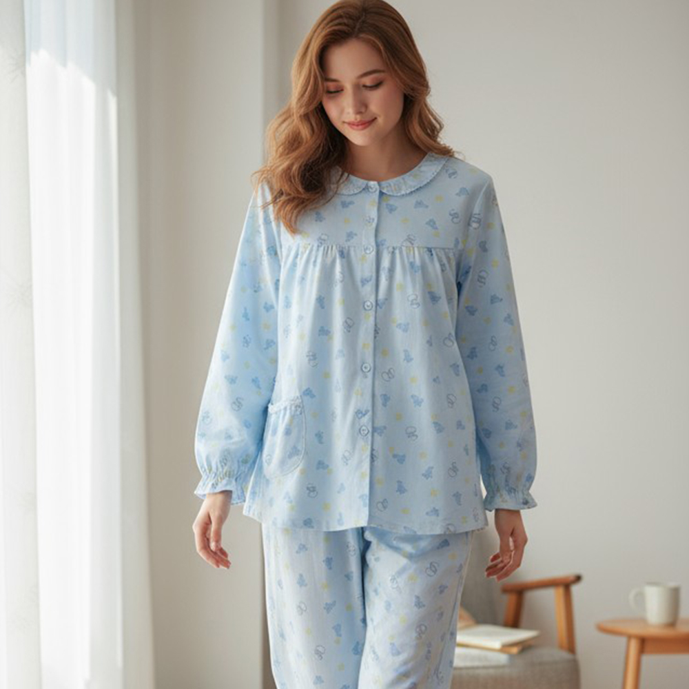 萌感小雞 柔軟舒眠棉質 睡衣睡褲成套組(藍色)