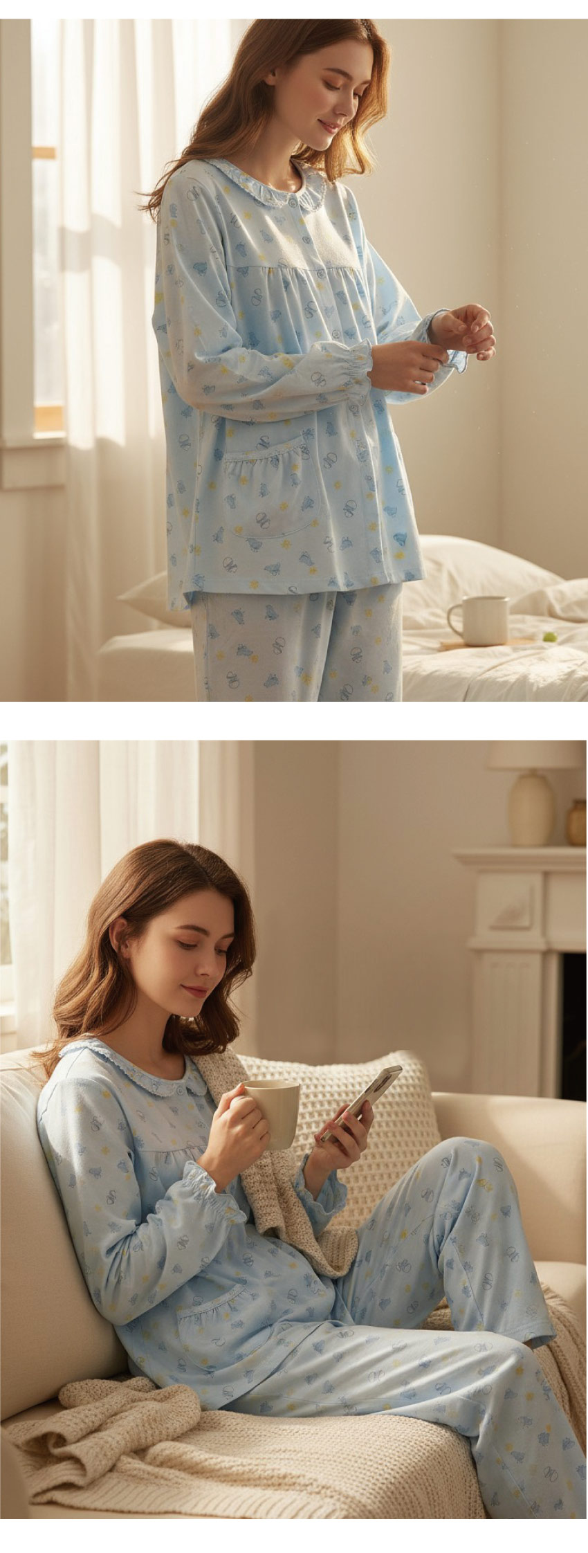 萌感小雞 柔軟舒眠棉質 睡衣睡褲成套組(藍色)