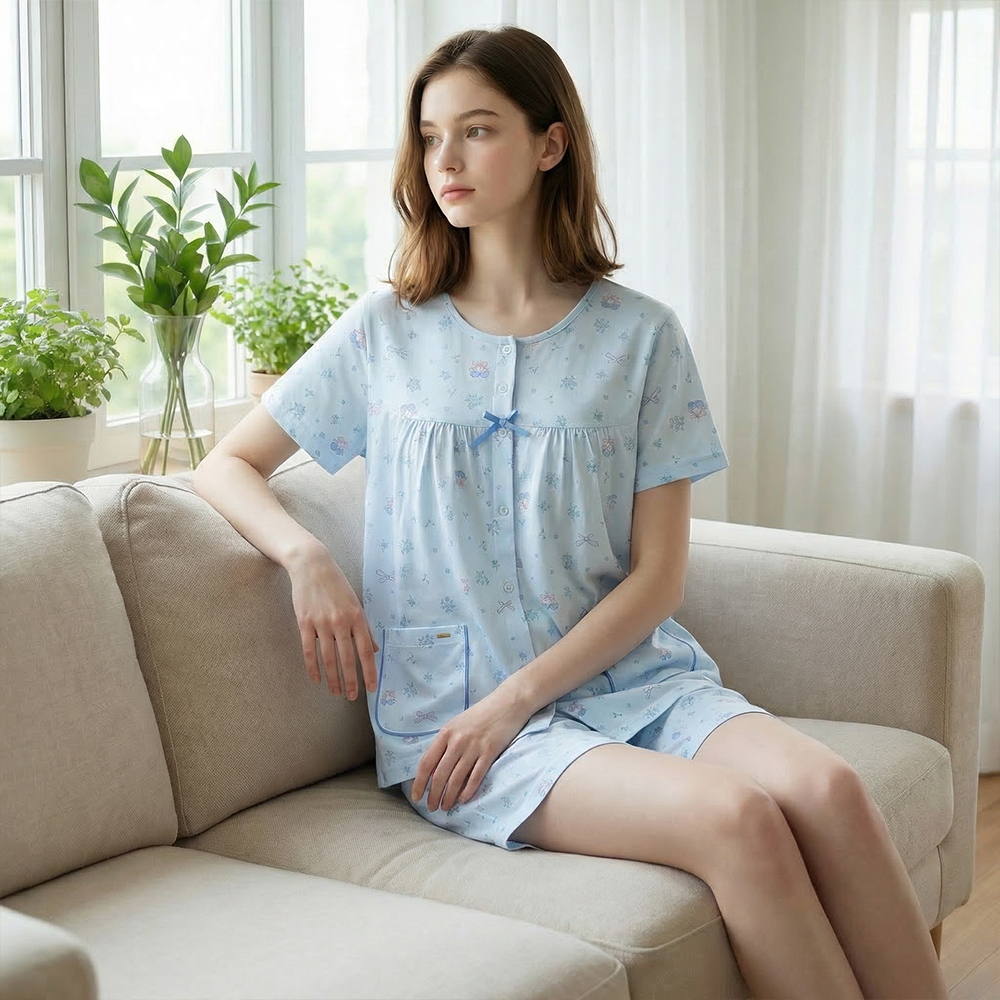 櫻桃小花 柔軟舒眠棉質 睡衣睡褲成套組(藍色)