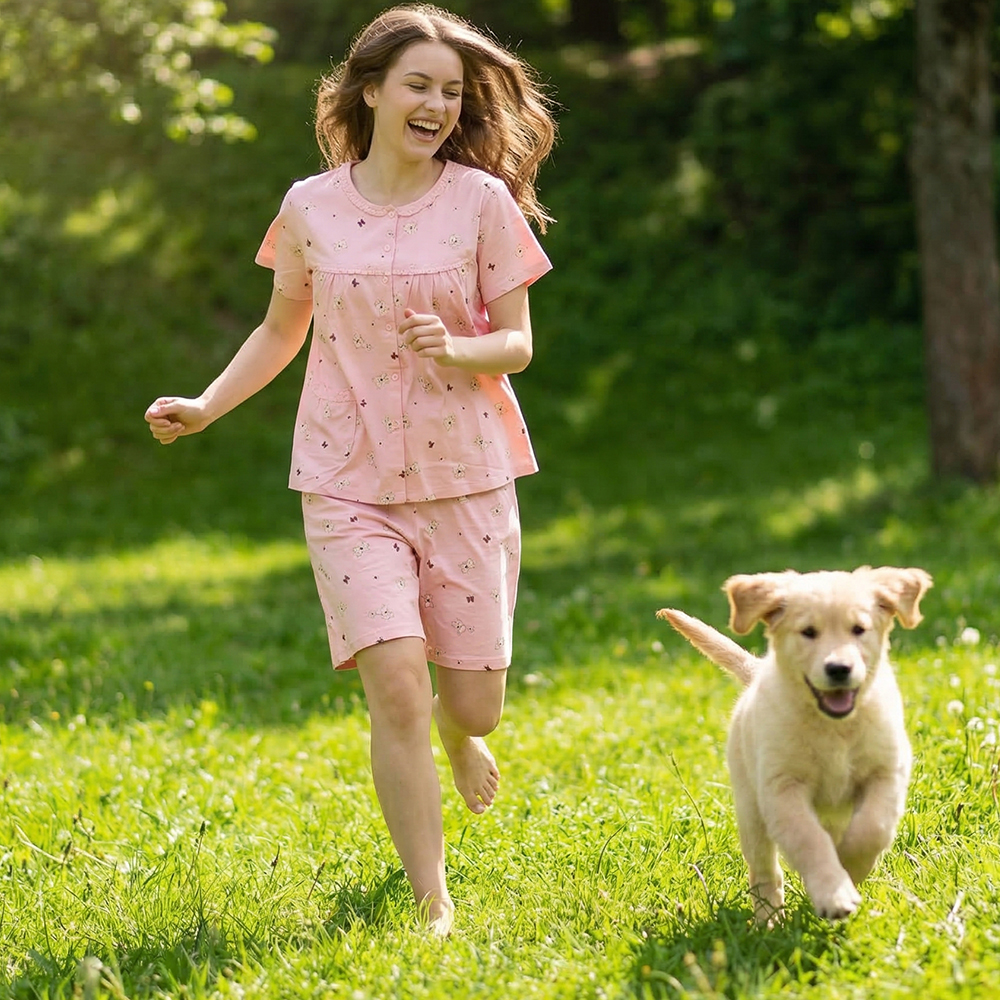 掬米熊熊 柔軟舒眠棉質 睡衣睡褲成套組(粉)