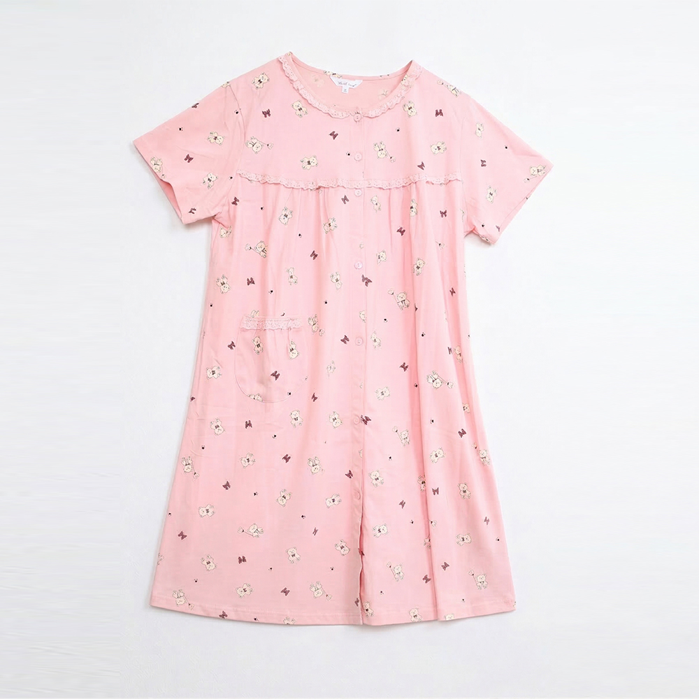 掬米熊熊 柔軟舒眠棉質 連身裙睡衣(粉)