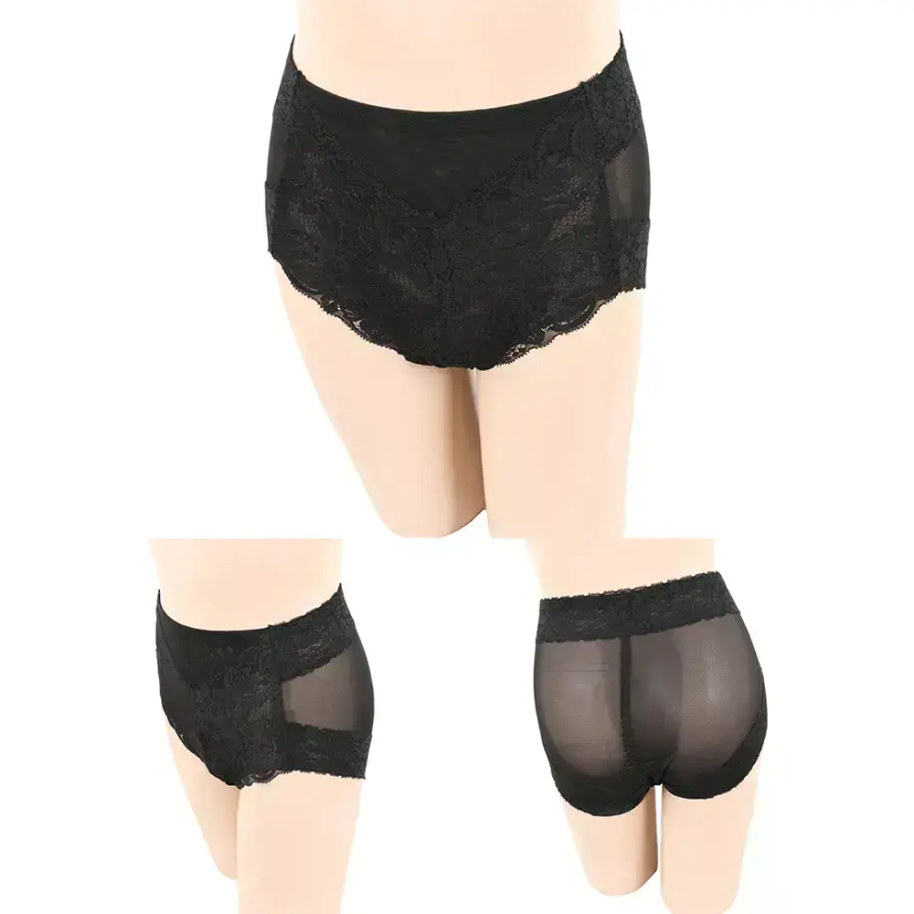 輕機能微塑 竹炭蕾絲花邊美臀中腰修飾褲(黑)