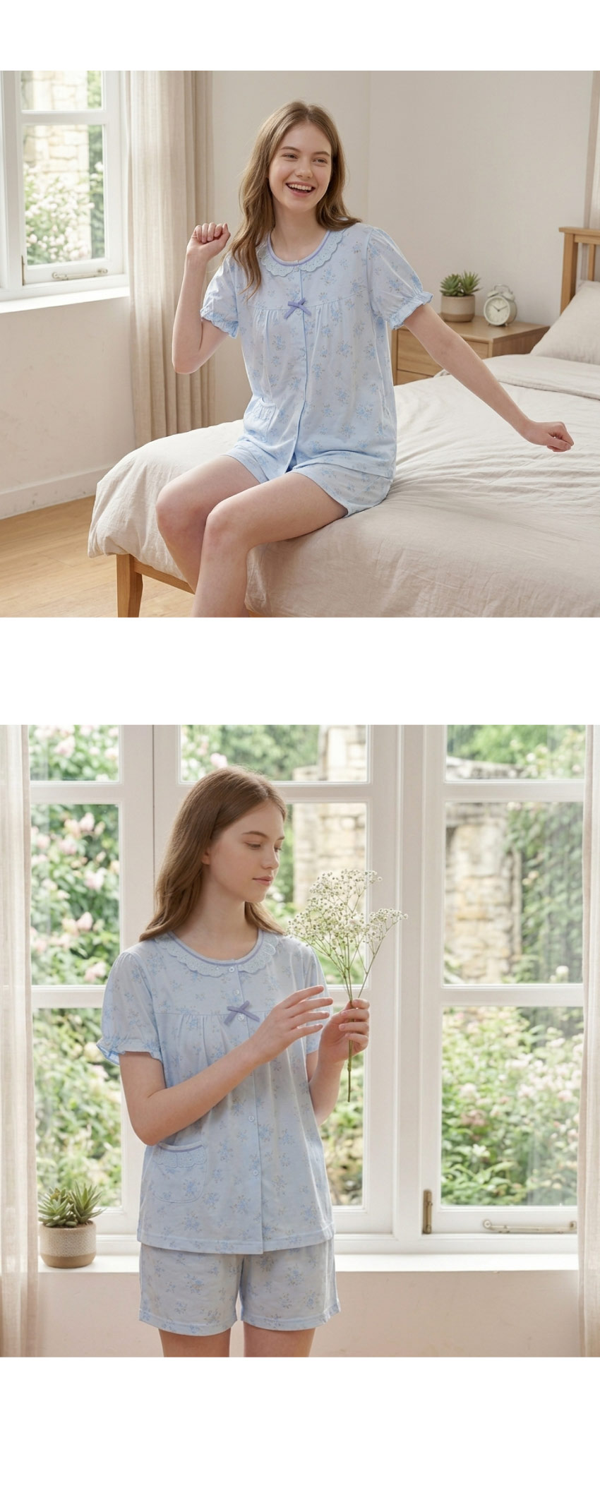 水漾小花 柔軟舒眠棉質 睡衣睡褲成套組(藍)