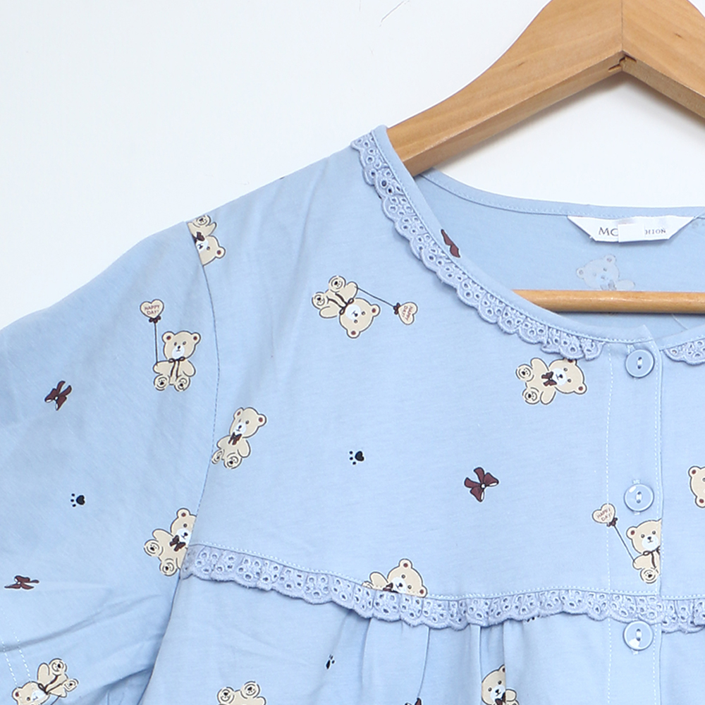 掬米熊熊 柔軟舒眠棉質 睡衣睡褲成套組(藍)