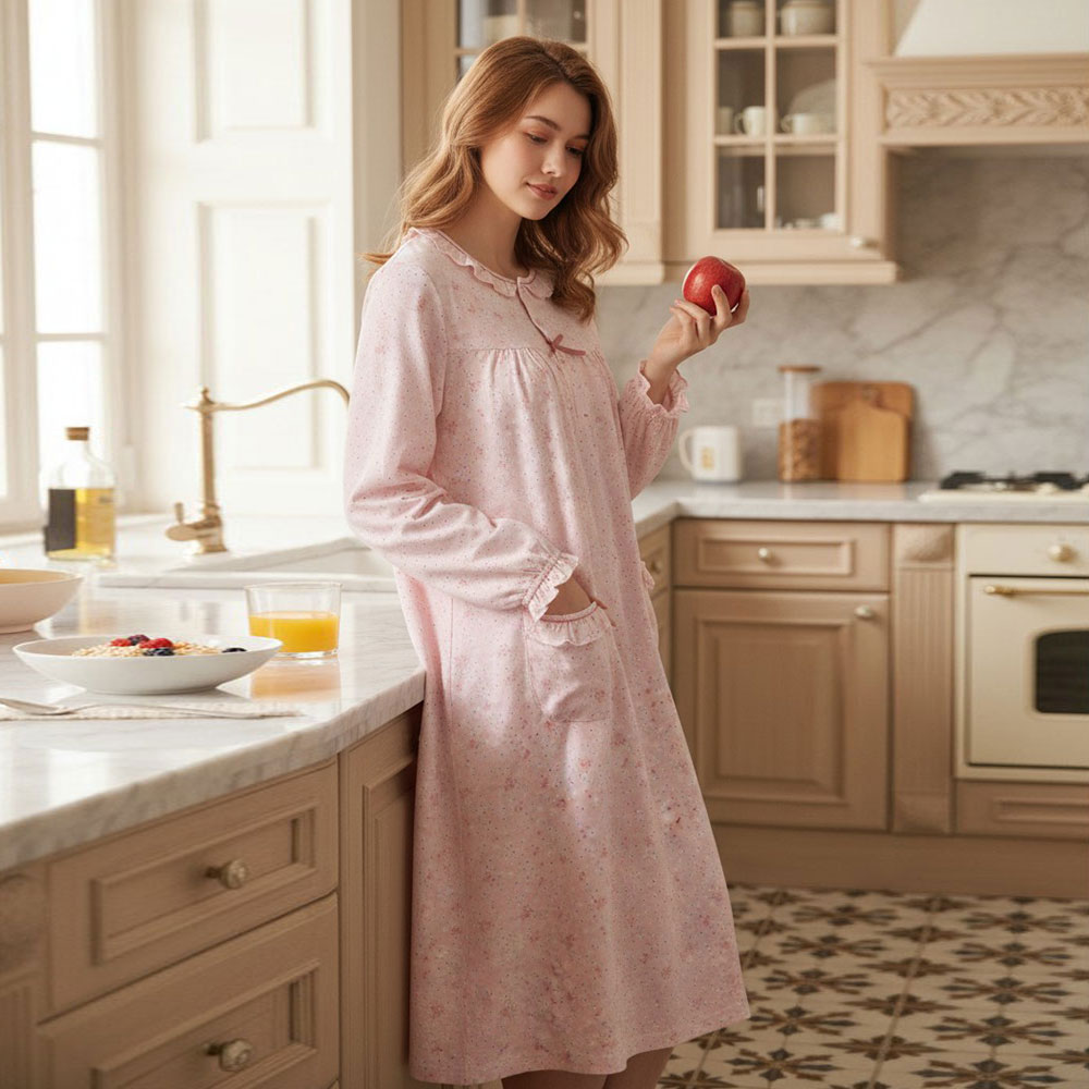 田園小花 柔軟舒眠棉質 連身裙睡衣(粉色)