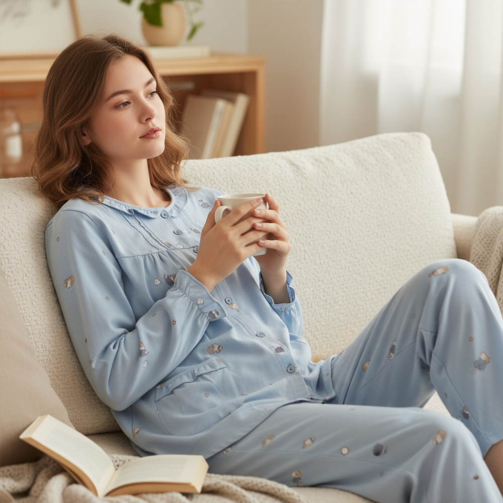 軟萌柯基 柔軟舒眠棉質 睡衣睡褲成套組(藍色)