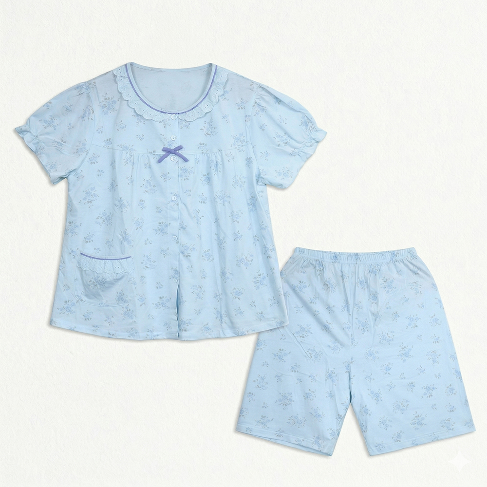 水漾小花 柔軟舒眠棉質 睡衣睡褲成套組(藍)