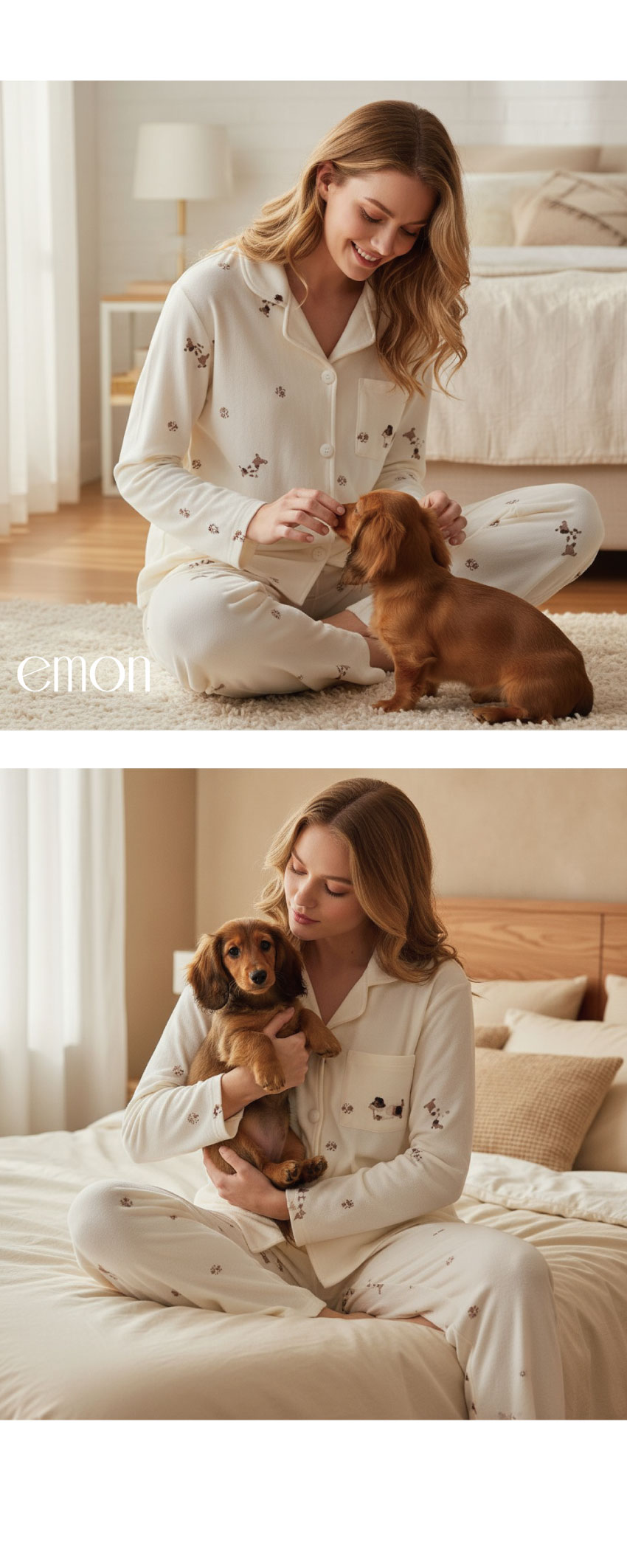 舒柔軟萌臘腸狗 睡衣睡褲成套組(米白)