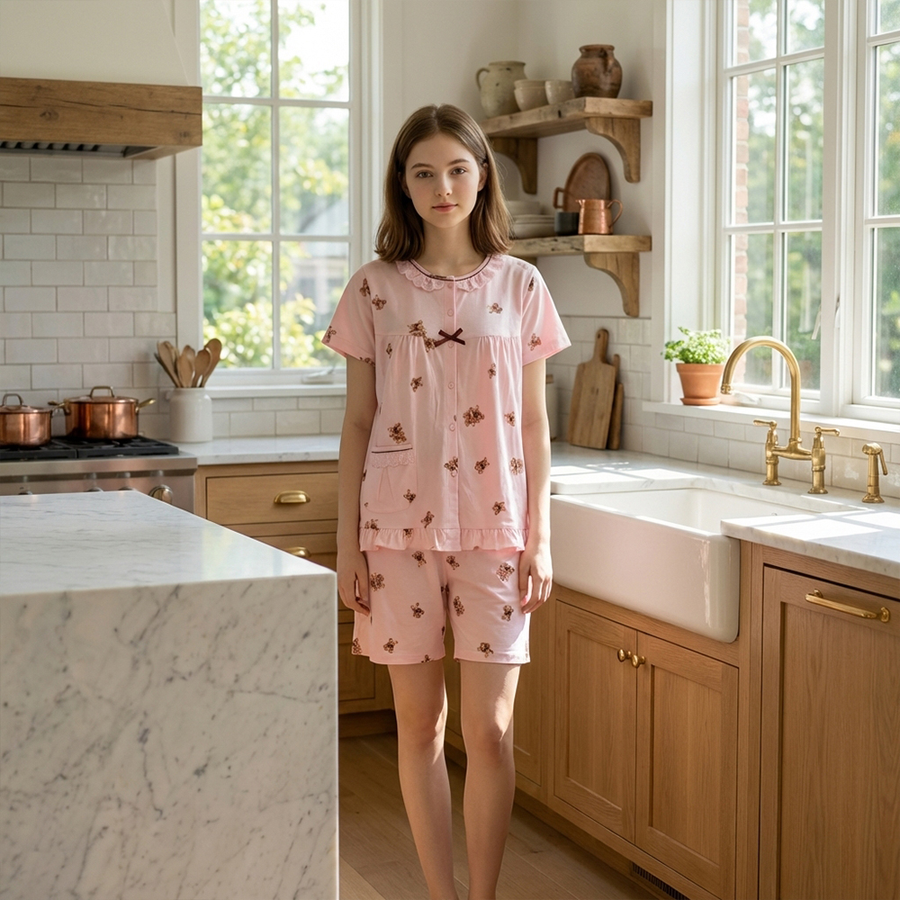 熱戀熊熊 柔軟舒眠棉質 睡衣睡褲成套組(粉)