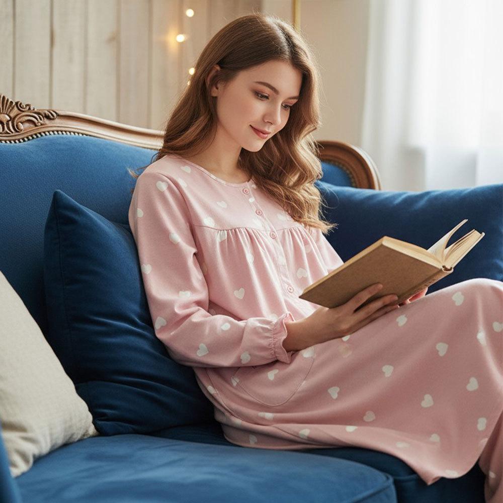 愛心滿屋 柔軟舒眠棉質 連身裙睡衣(粉色)