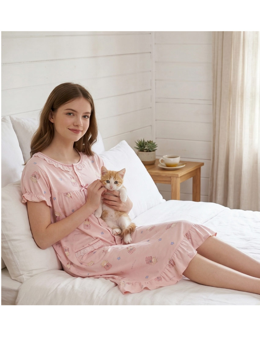 睡萌聚落 柔軟舒眠棉質 連身裙睡衣(粉)