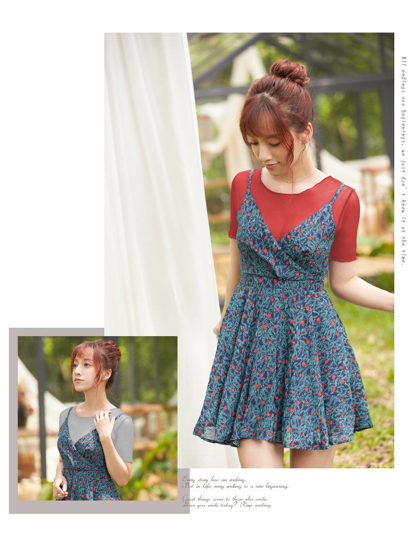 MIT 圓領短袖 性感透肌網紗打底罩衫((棗紅)