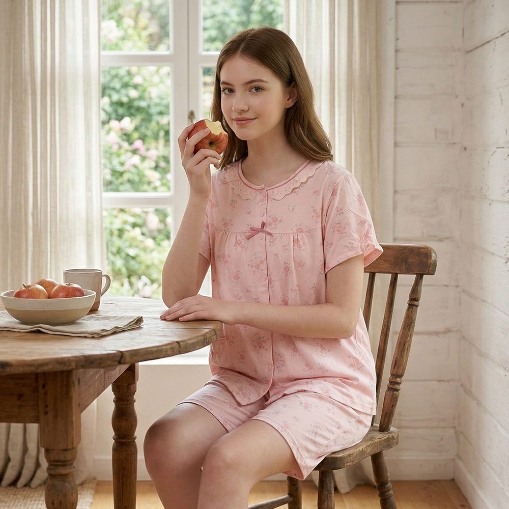 水漾小花 柔軟舒眠棉質 睡衣睡褲成套組(粉色)