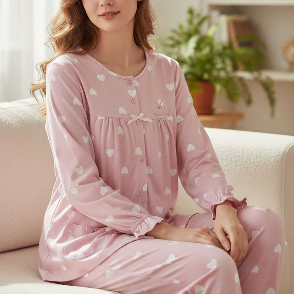 愛心滿屋 柔軟舒眠棉質 睡衣睡褲成套組(粉色)