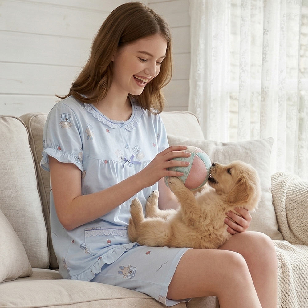 睡萌聚落 柔軟舒眠棉質 睡衣睡褲成套組(藍色)