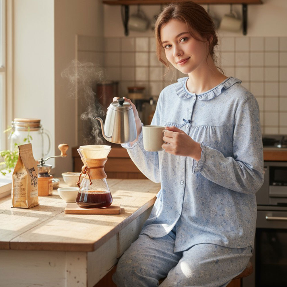 田園小花 柔軟舒眠棉質 睡衣睡褲成套組(藍色)