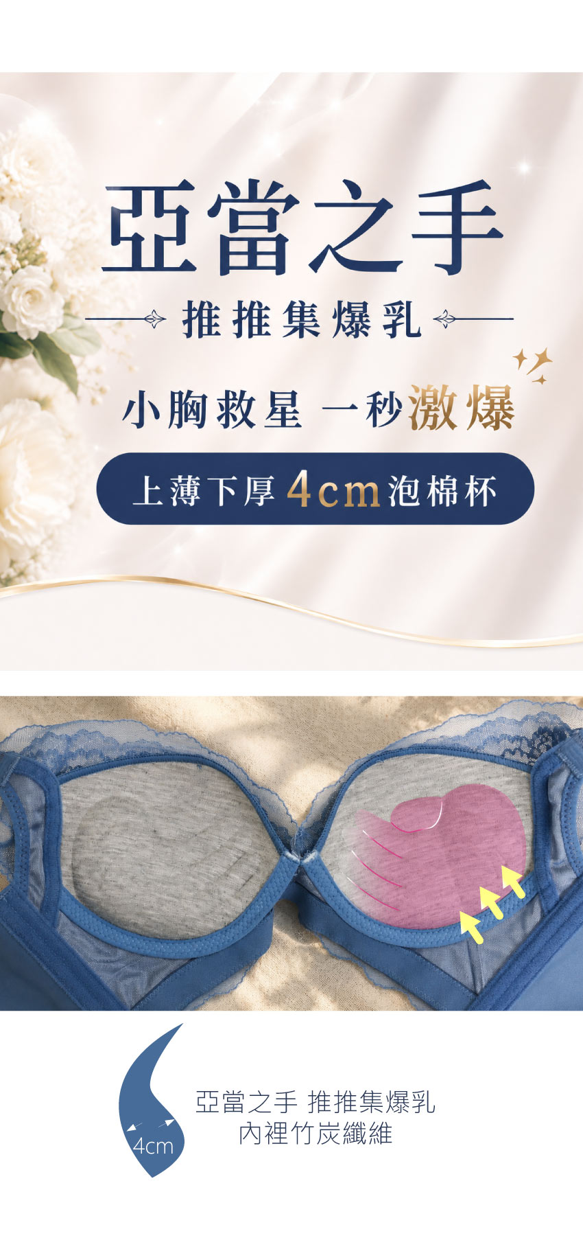 亞當之手 4公分厚杯 超爆乳無鋼圈系列內衣ABC罩杯(灰藍色)