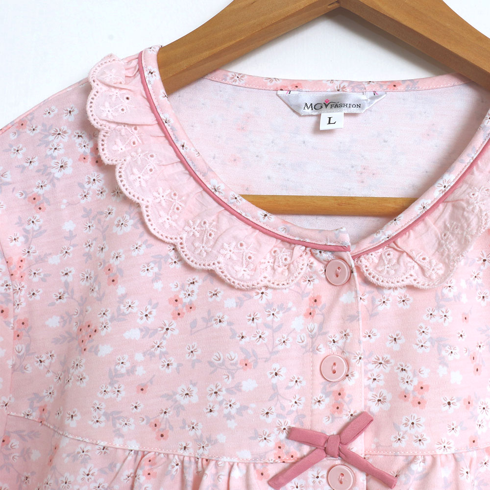 田園小花 柔軟舒眠棉質 連身裙睡衣(粉色)