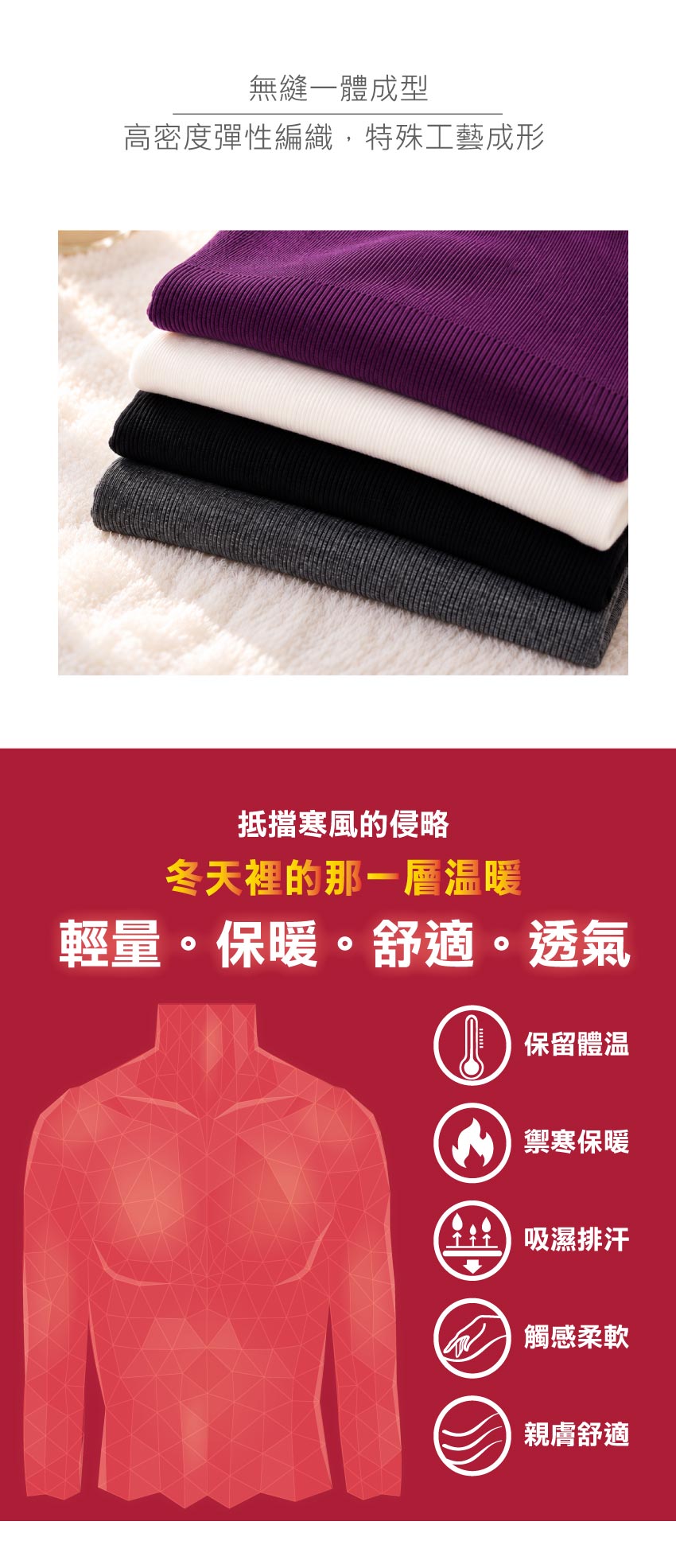 無縫一體成型 高領 輕保暖衛生衣(黑)