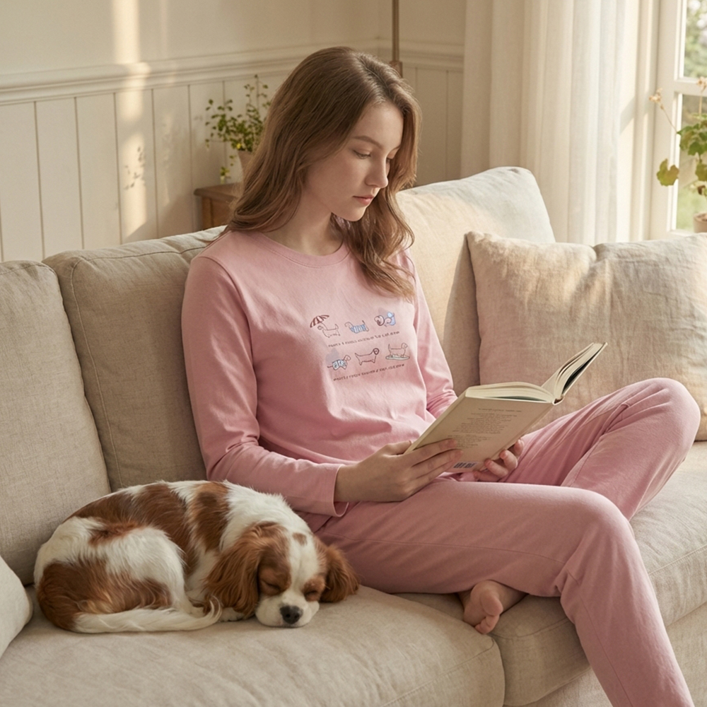 毛狗狗渡假中 柔軟舒眠棉質 睡衣睡褲成套組(粉色)