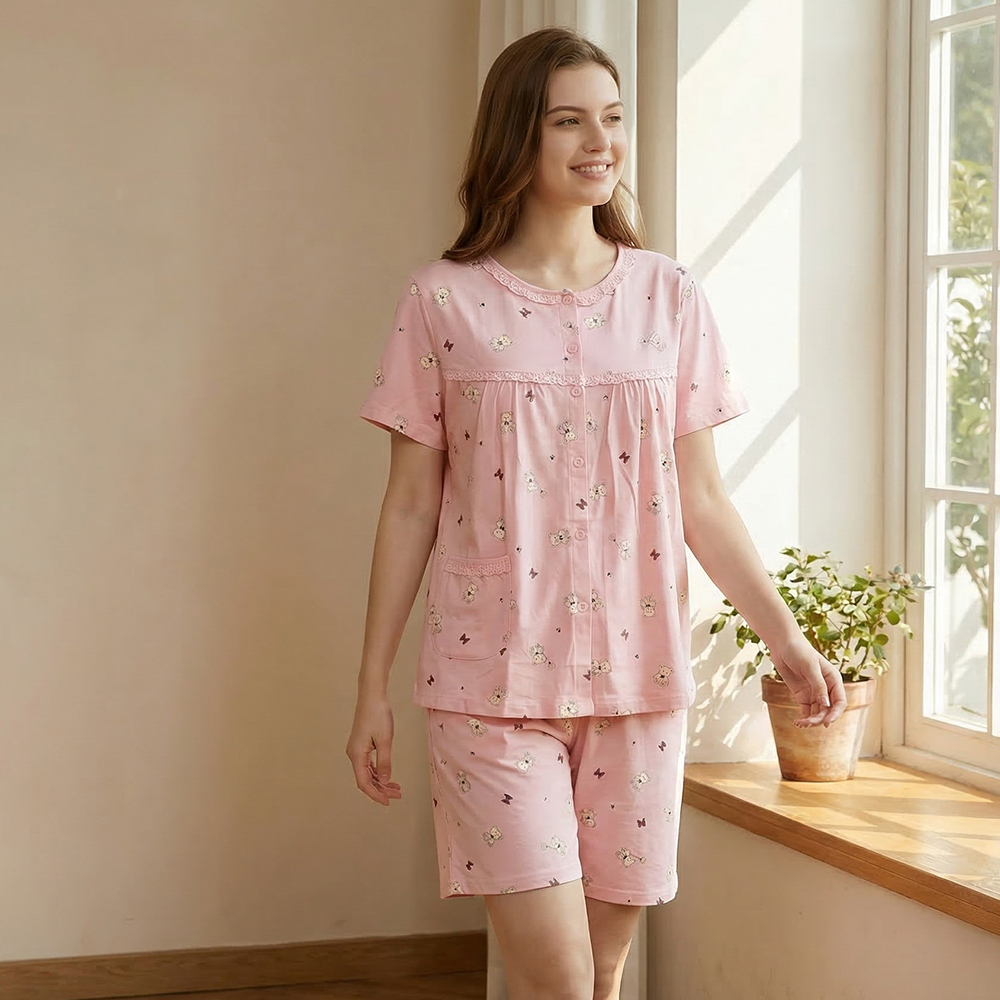 掬米熊熊 柔軟舒眠棉質 睡衣睡褲成套組(粉)