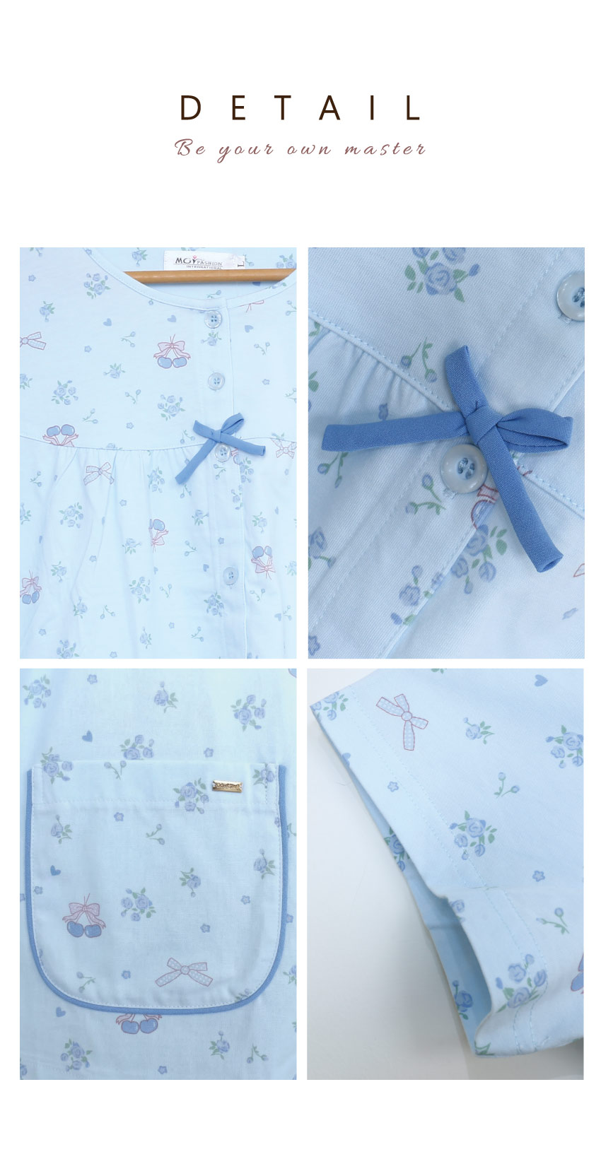 櫻桃小花 柔軟舒眠棉質 睡衣睡褲成套組(藍色)