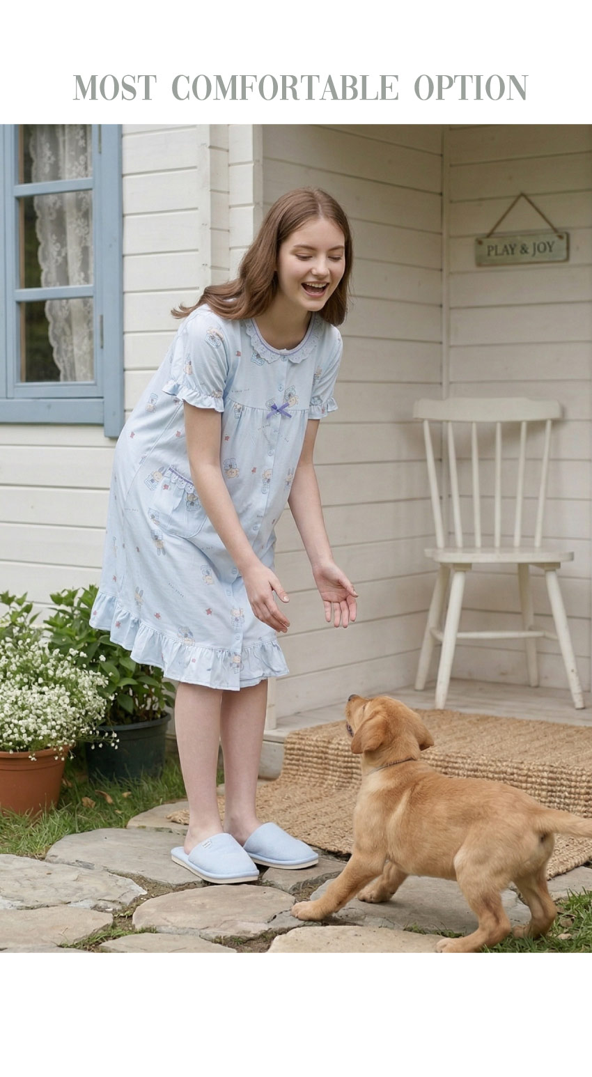 睡萌聚落 柔軟舒眠棉質 連身裙睡衣(藍)