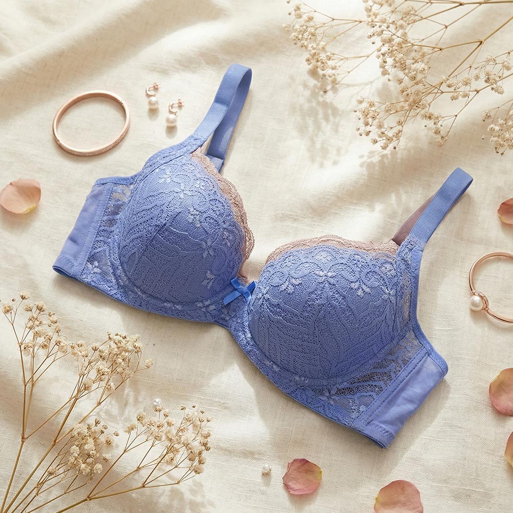 花語 軟鋼圈 深V低脊心包覆機能型內衣D罩杯(藍)