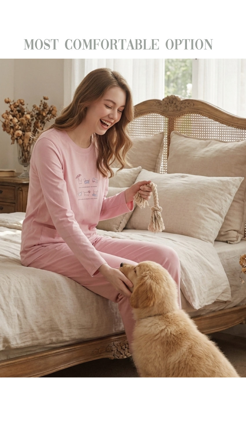 毛狗狗渡假中 柔軟舒眠棉質 睡衣睡褲成套組(粉色)