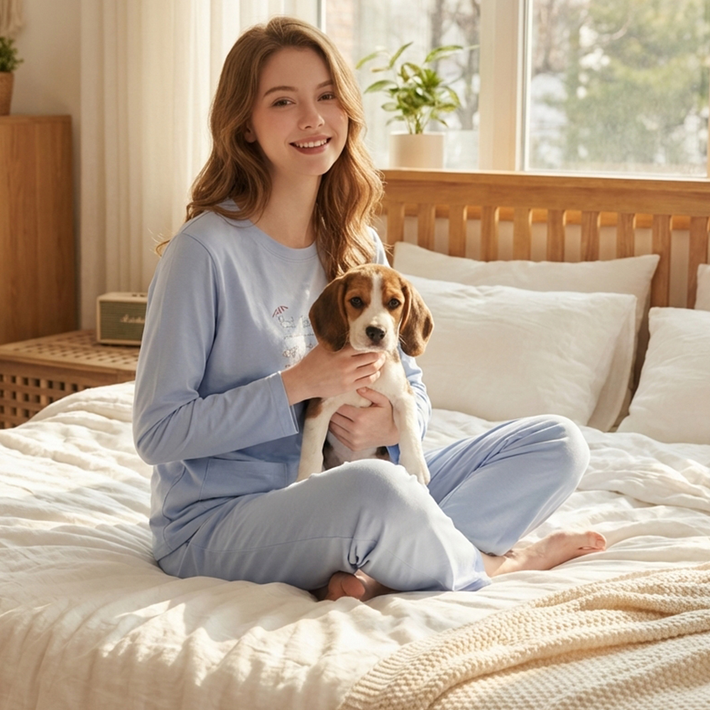 毛狗狗渡假中 柔軟舒眠棉質 睡衣睡褲成套組(藍色)