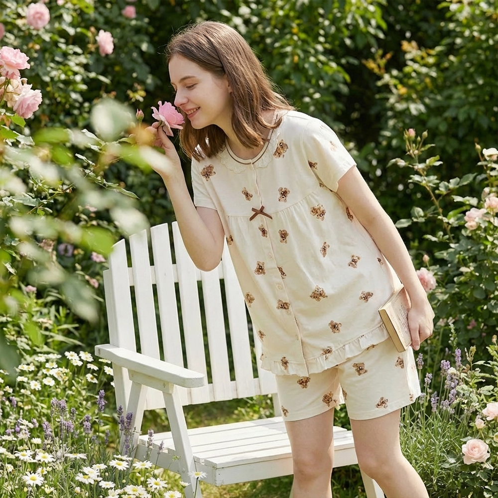 熱戀熊熊 柔軟舒眠棉質 睡衣睡褲成套組(米色)