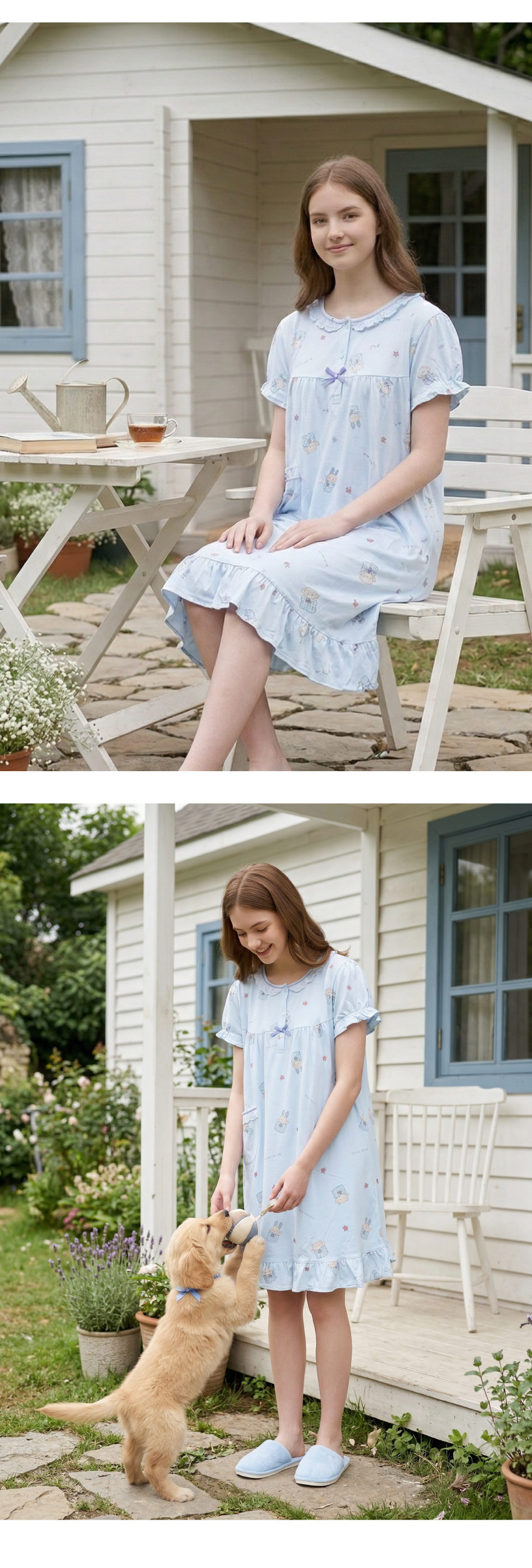 睡萌聚落 柔軟舒眠棉質 連身裙睡衣(藍)