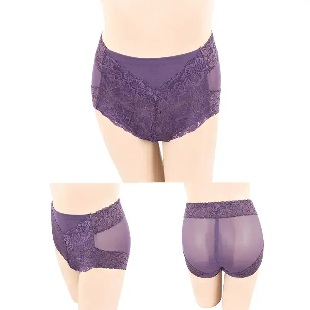 輕機能微塑 竹炭蕾絲花邊美臀中腰修飾褲(葡萄紫)