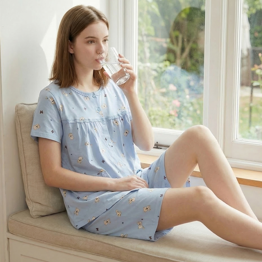 掬米熊熊 柔軟舒眠棉質 睡衣睡褲成套組(藍)