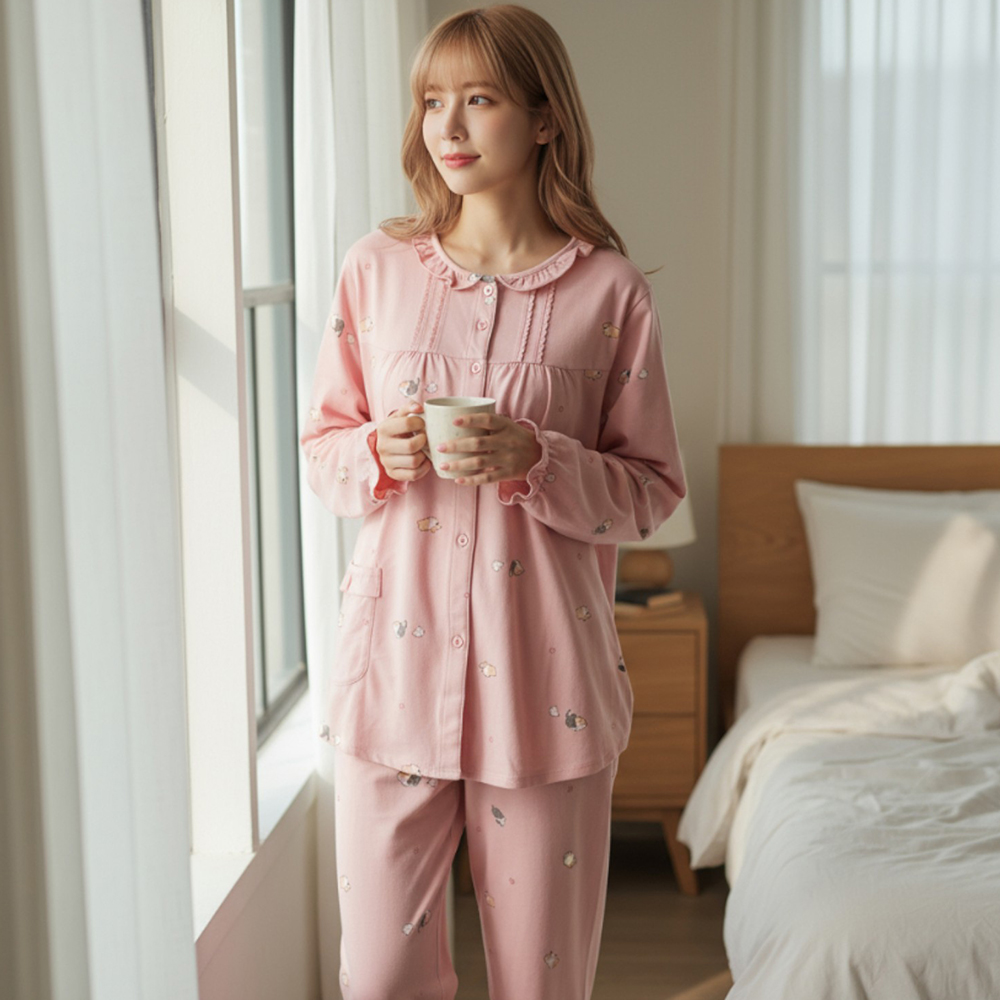 軟萌柯基 柔軟舒眠棉質 睡衣睡褲成套組(粉柑色)