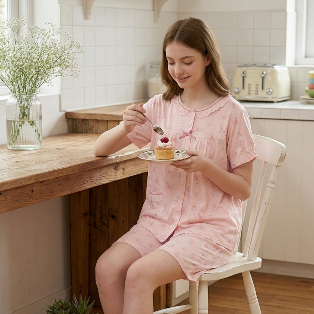 水漾小花 柔軟舒眠棉質 睡衣睡褲成套組(粉色)