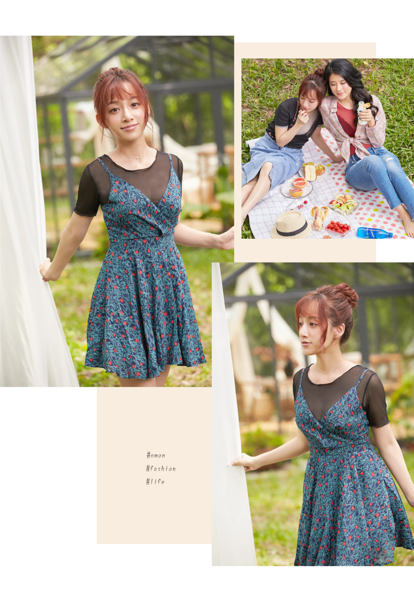 MIT 圓領短袖 性感透肌網紗打底罩衫((棗紅)