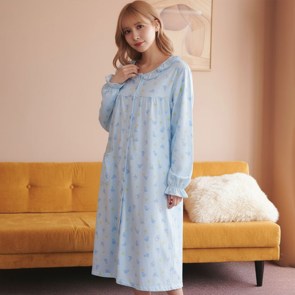 萌感小雞 柔軟舒眠棉質 連身裙睡衣(藍色)