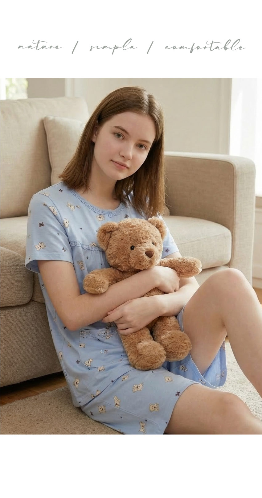 掬米熊熊 柔軟舒眠棉質 睡衣睡褲成套組(藍)