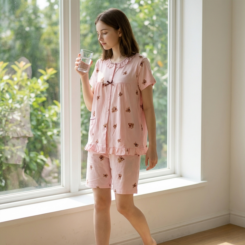 熱戀熊熊 柔軟舒眠棉質 睡衣睡褲成套組(粉)