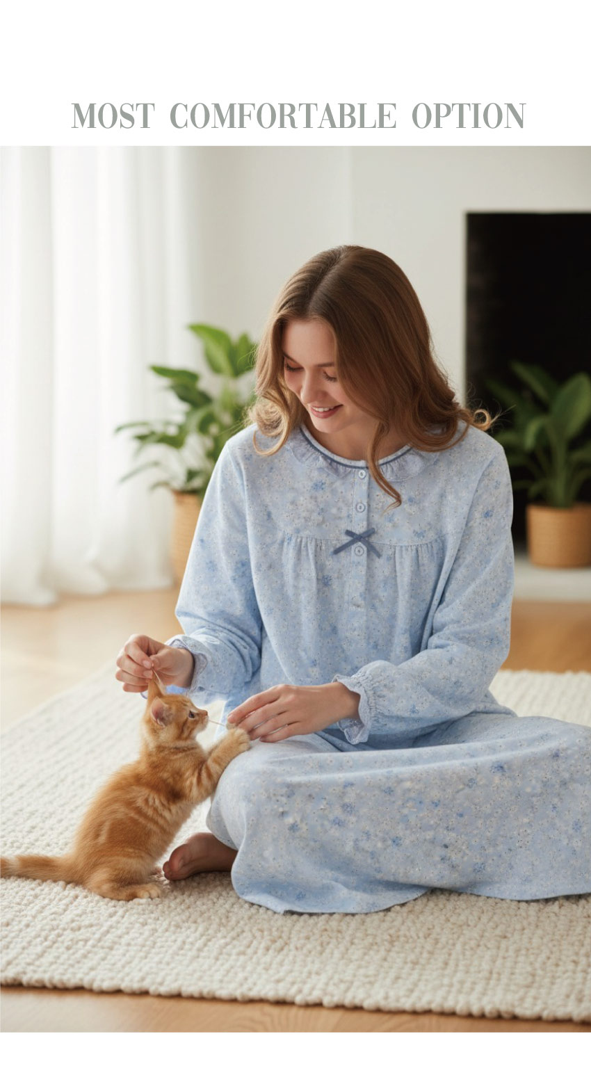 田園小花 柔軟舒眠棉質 連身裙睡衣(藍色)