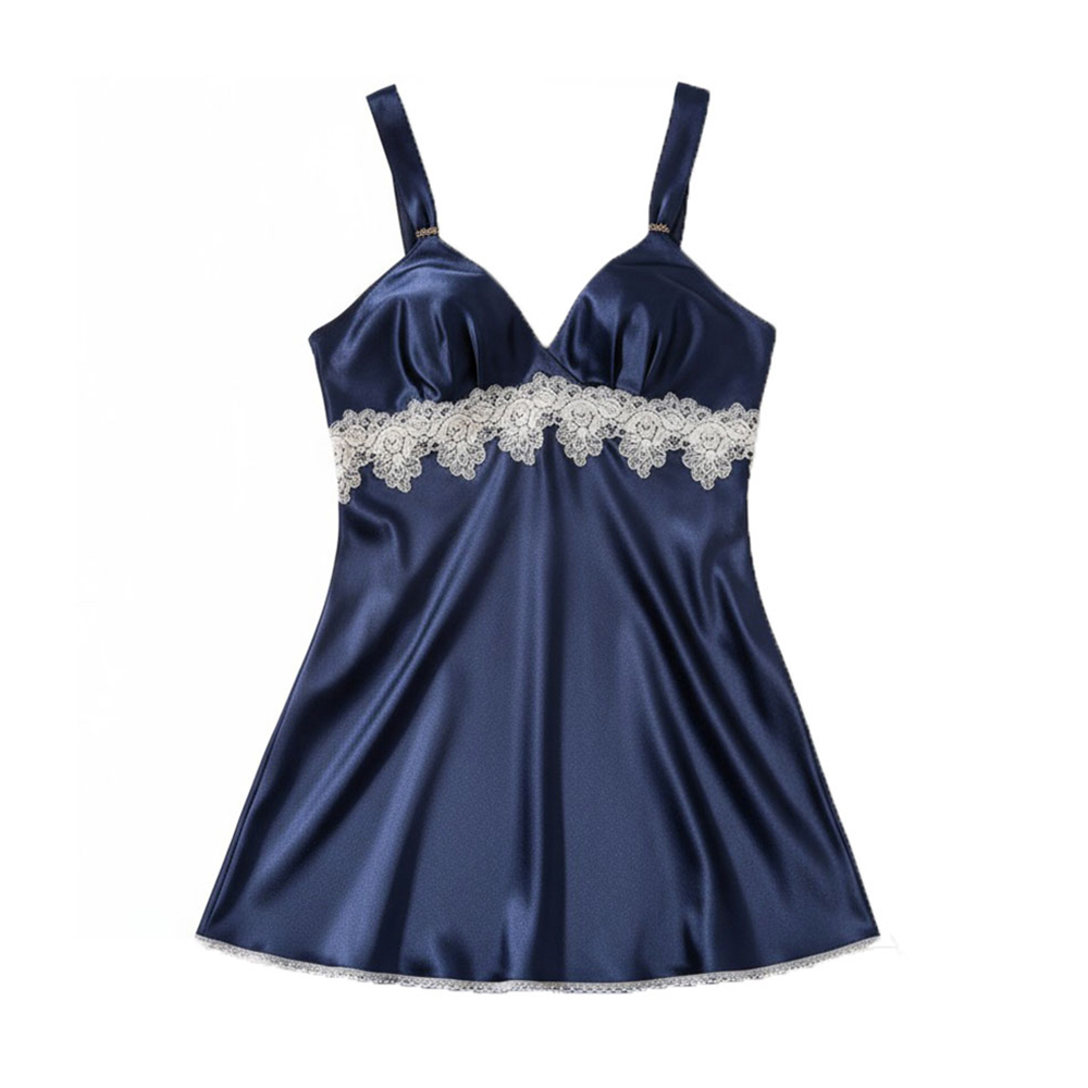夜色時光 絲柔緞 細肩帶性感開岔連身裙睡衣(藍)