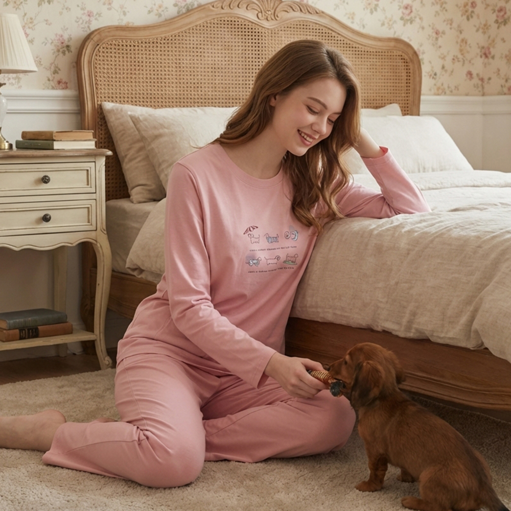 毛狗狗渡假中 柔軟舒眠棉質 睡衣睡褲成套組(粉色)