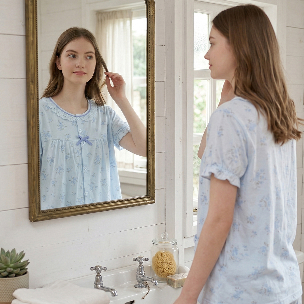 水漾小花 柔軟舒眠棉質 睡衣睡褲成套組(藍)