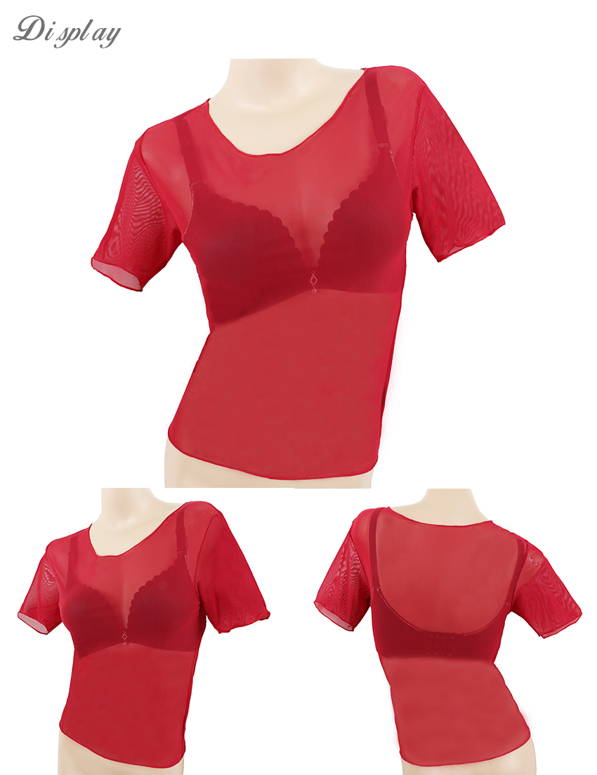 MIT 圓領短袖 性感透肌網紗打底罩衫((棗紅)