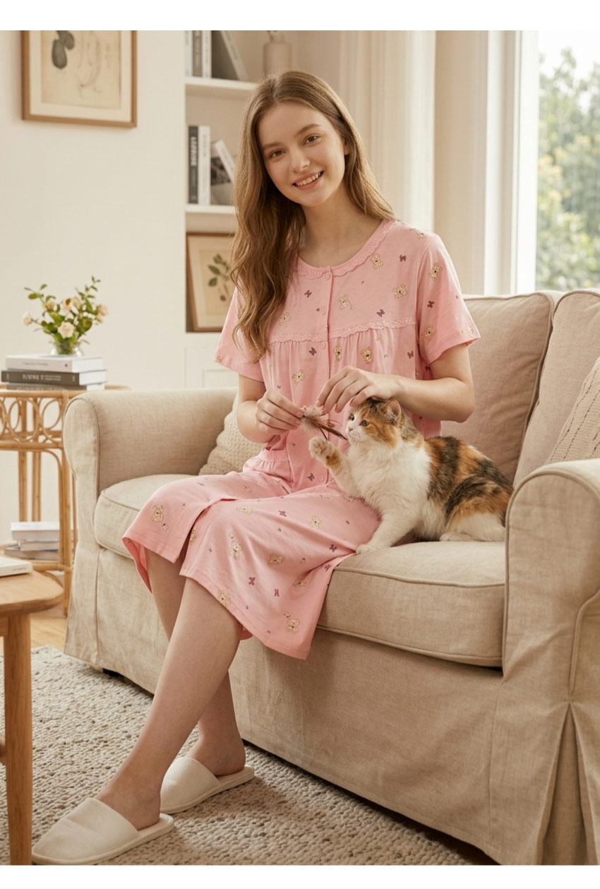 掬米熊熊 柔軟舒眠棉質 連身裙睡衣(粉)