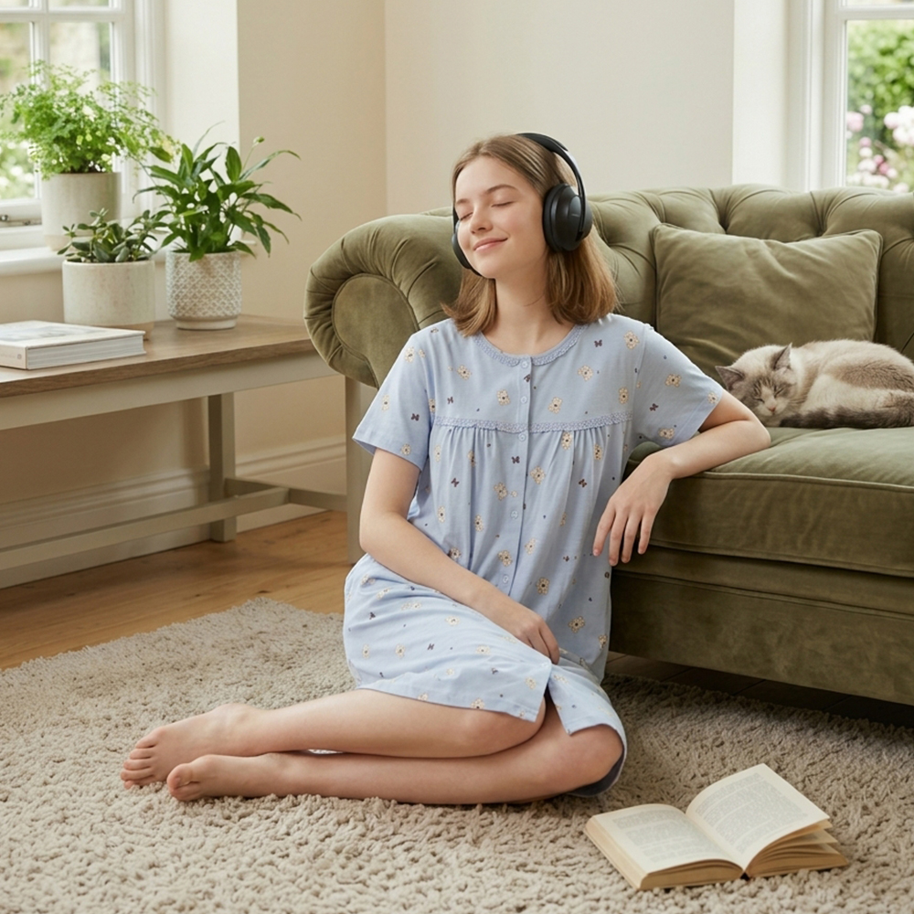 掬米熊熊 柔軟舒眠棉質 連身裙睡衣(藍)